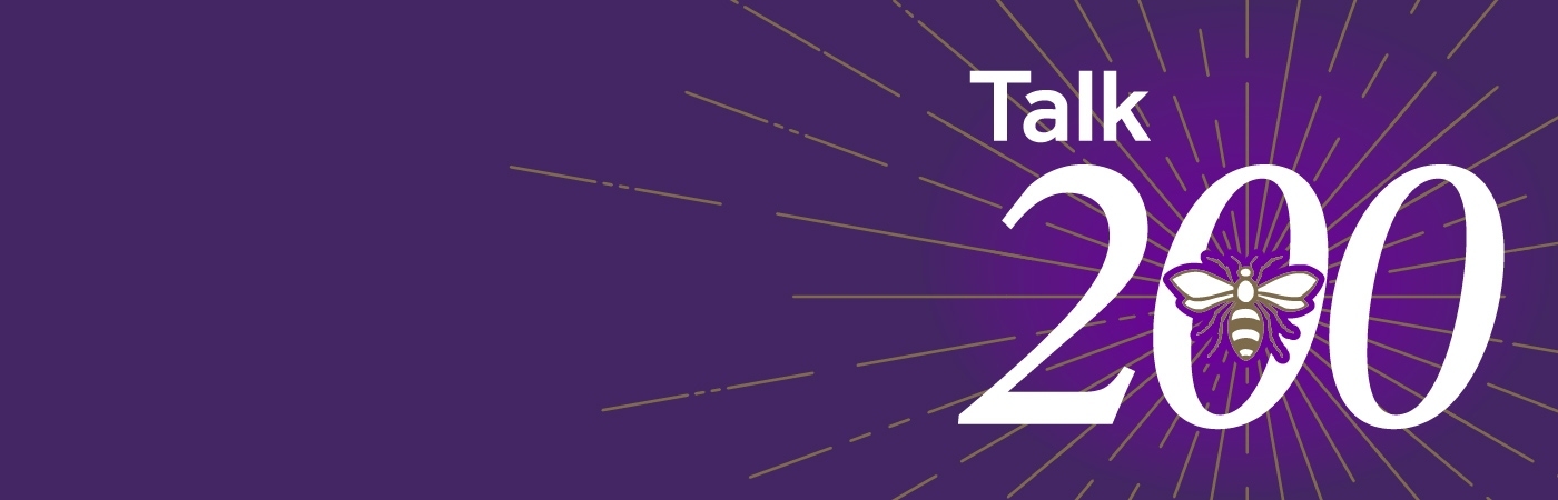 White text of 'Talk 200' on a purple background.